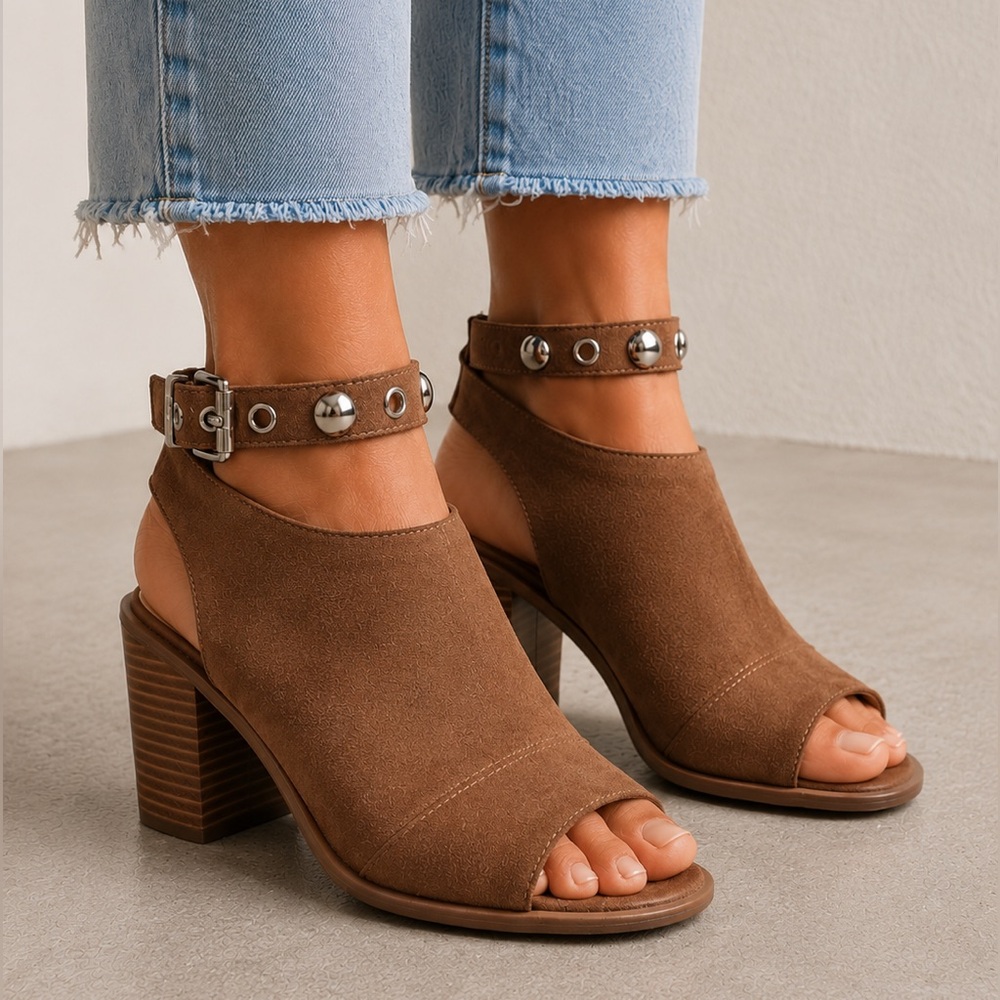Sam Edelman Circus Kiki Booties Mules Womens 9 Brown Suede Peep Toe Sandals Shoe - Picture 2 of 7